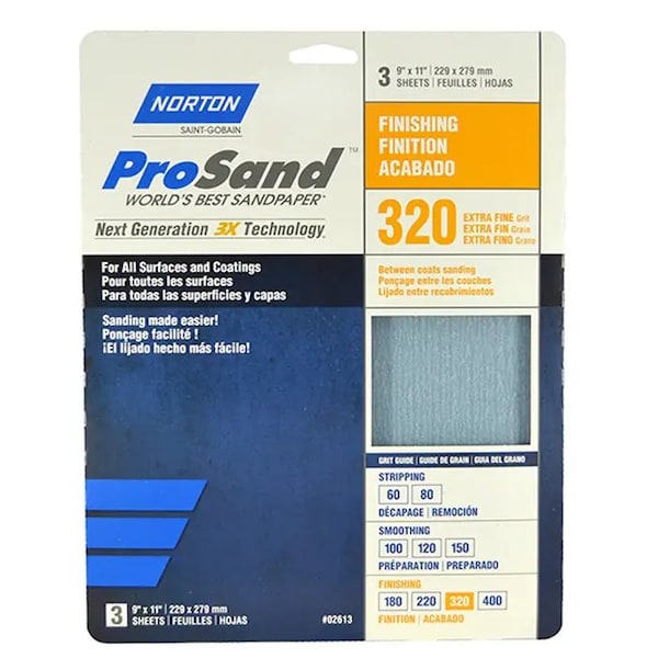 Norton Co 9" x 11" ProSand Sanding Sheet 320-Grit, PK 3 - 02613