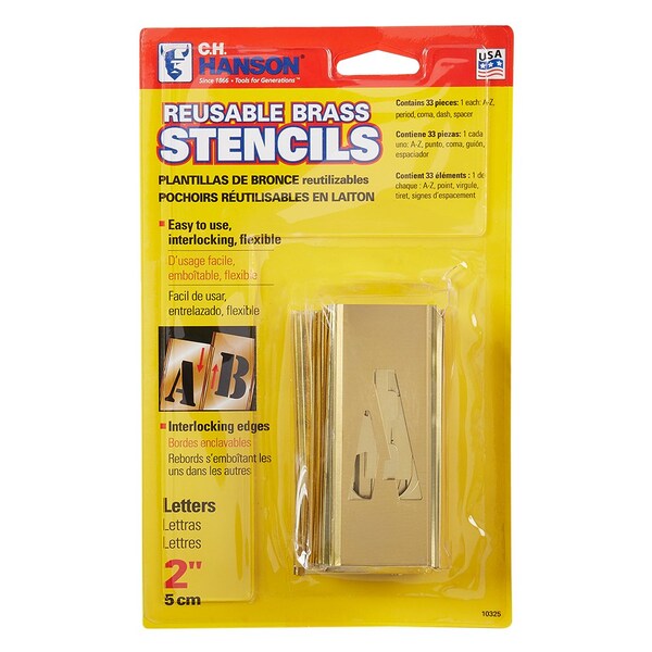 C.H. Hanson Letter Stencil Set, 33Piece Interlocking Reusable, 2 In Character Height, 28 Ga Brass, 10325 - 10325