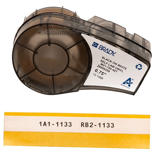 Brady Continuous Label Roll Cartridge: 3/4 in x 14 ft, Vinyl, Black on White, 1 Label Included - M21-750-427