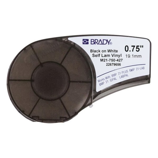 Brady Continuous Label Roll Cartridge: 3/4 in x 14 ft, Vinyl, Black on White, 1 Label Included - M21-750-427