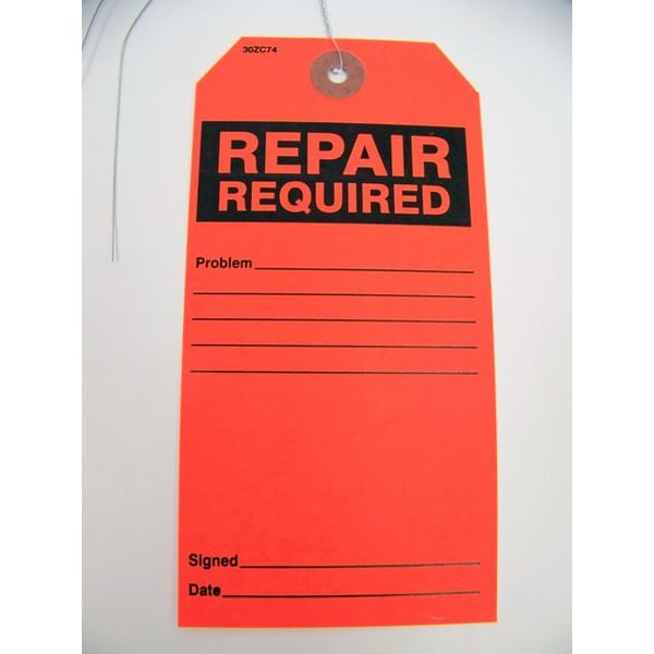 Zoro Select Repair Required Tag, Blck/Red, Paper, PK25 - 30ZC74