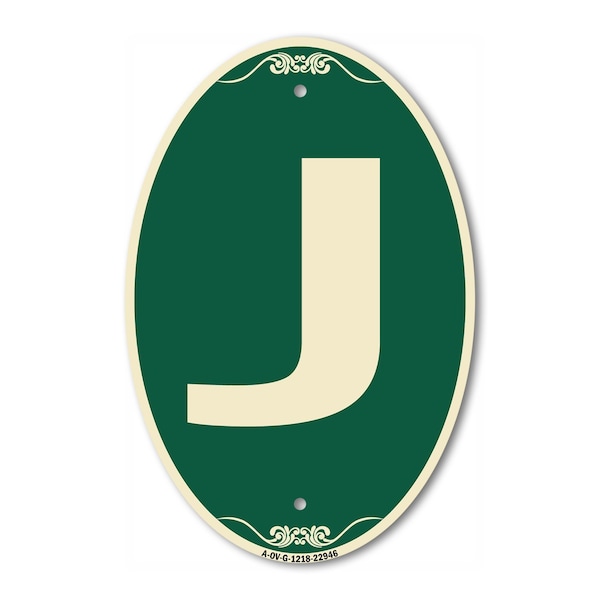 Signmission Letter J, 12 Inch X 18 Inch Architectural Oval, Heavy Gauge Aluminum - A-OV-G-1218-22946