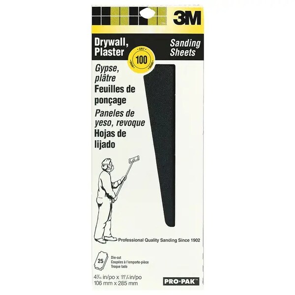 3M 4-3/16" x 11" Drywall Adhesives Drywall Sanding Sheet 100-Grit, PK 25 - 99432