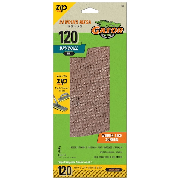 Gator Finishing Zip AlumiNext Drywall Hook and Loop Sanding Mesh Sheets, 120 Fine Grit - 7176