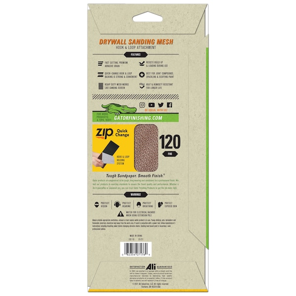 Gator Finishing Zip AlumiNext Drywall Hook and Loop Sanding Mesh Sheets, 120 Fine Grit - 7176