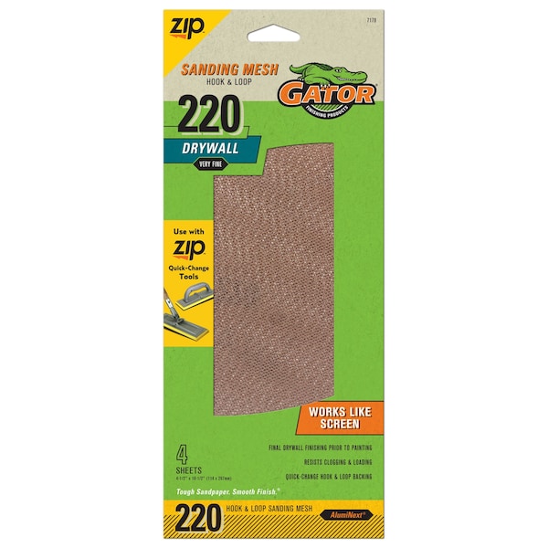 Gator Finishing Zip AlumiNext Drywall Hook and Loop Sanding Mesh Sheets, 220 Very Fine Grit - 7178