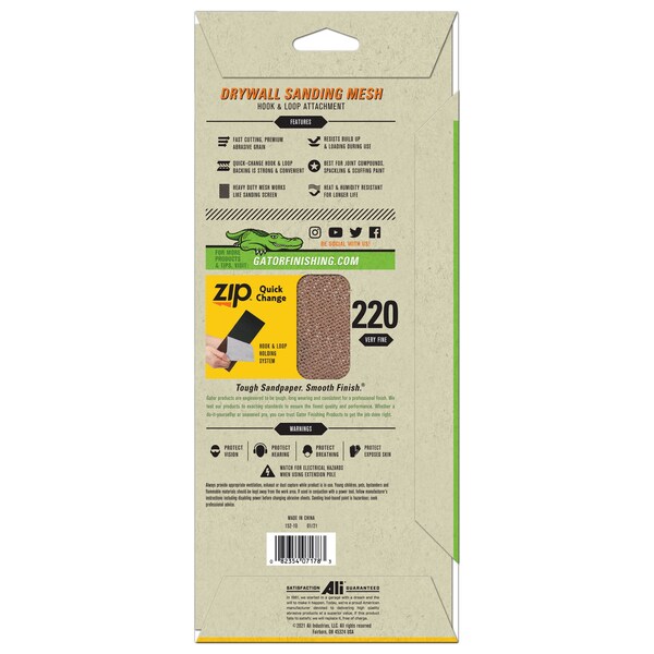 Gator Finishing Zip AlumiNext Drywall Hook and Loop Sanding Mesh Sheets, 220 Very Fine Grit - 7178
