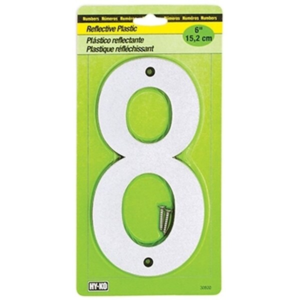 Hy-Ko 30800 Series Reflective Sign, Character 8, 6 in H Character, BlackSilver Character, Plastic - 30808