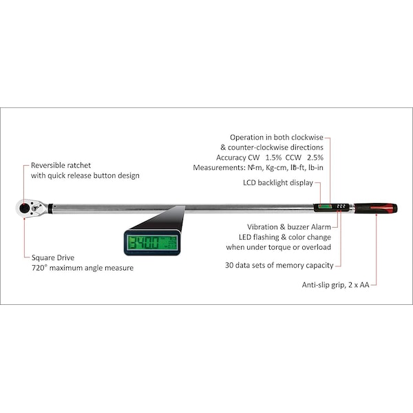 Acdelco 1" Angle Digital Torque Wrench, 74 to 738 ft-lbs ARM323-8A - ARM323-8A