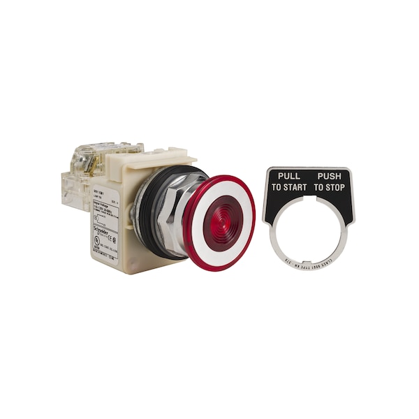 Cabeza de botón pulsador iluminado Schneider Electric, Harmony 9001K, metal, de hongo de 41mm, color rojo, de 30mm, 2 posiciones, empujar-tirar, 24-28V - 9001KR9P35R.