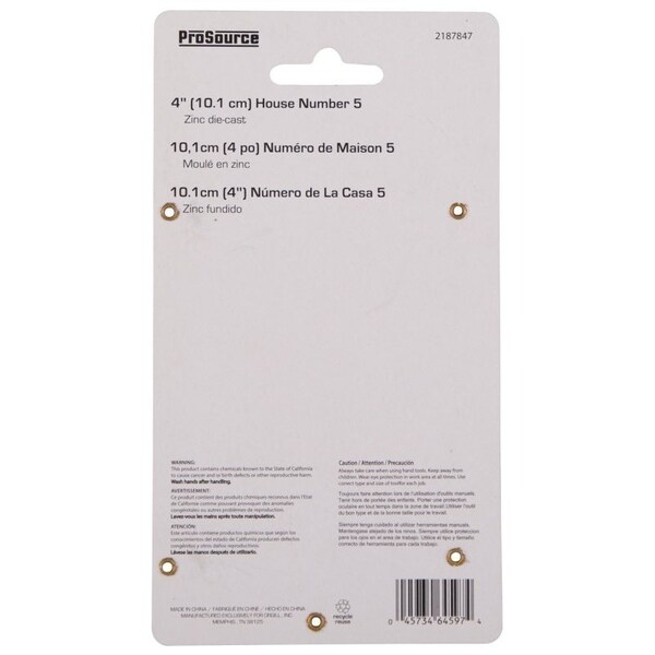 Prosource House Number, Character: 5, 4 in H Character, 2.28 in W Character - N-Z045SN-PS