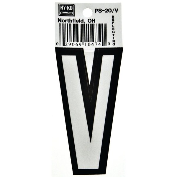 Hy-Ko Reflective Letter, Character: V, 3-1/4 in H Character, Black/White Character, Vinyl - PS-20/V