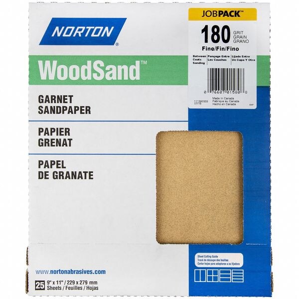 Norton Abrasives Sandpaper Sheet, Grit 180, 11" L, 9" W - 07660701580