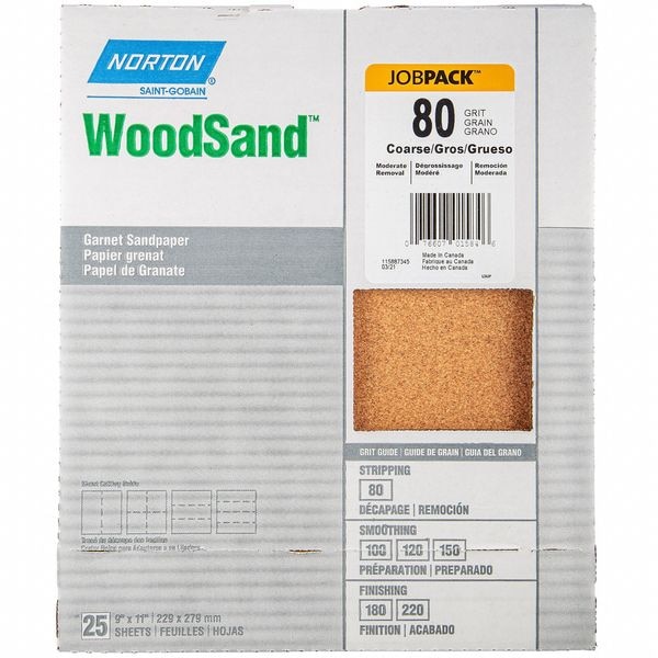Norton Abrasives Sandpaper Sheet, Grit 80, 11" L, 9" W - 07660701584