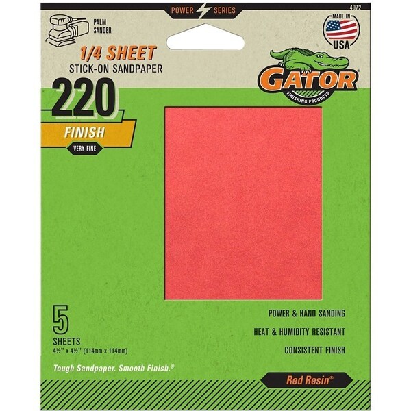 Gator Sanding Sheet, 4-1/2 in L, 4-1/2 in W, Extra Fine, 220 Grit, Aluminum Oxide Abrasive - 4072