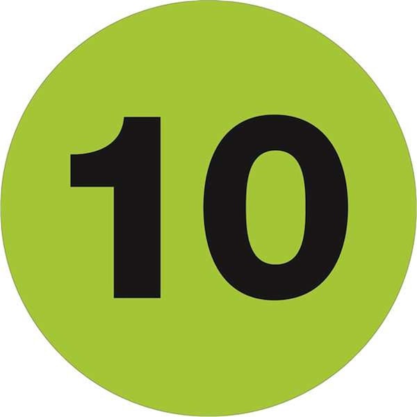 Bondad 3 in. Circle - 10 Fluorescent Green Number Labels - Roll of 500 - BO3356914
