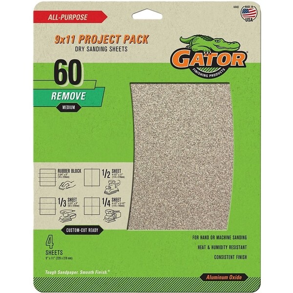 Gator Sanding Sheet, 11 in L, 9 in W, 60 Grit, Coarse, Aluminum Oxide Abrasive - 4440