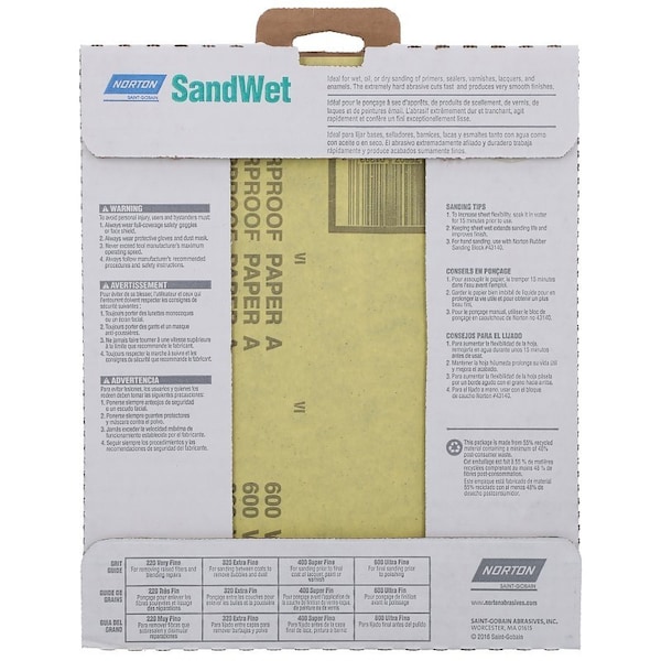 Norton Co 0 Sanding Sheet, 9 in L, 11 in W, 600A Grit, Ultra Fine, Aluminum Oxide Abrasive - 1223