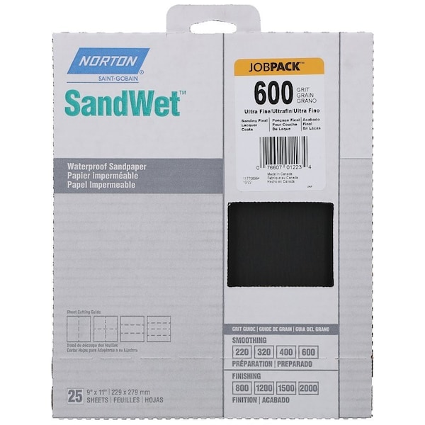Norton Co 0 Sanding Sheet, 9 in L, 11 in W, 600A Grit, Ultra Fine, Aluminum Oxide Abrasive - 1223