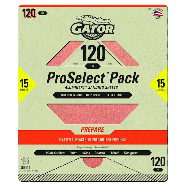 Gator Finishing ProSelect Pack AlumiNext Sanding Sheets, 120 Fine Grit - 7282