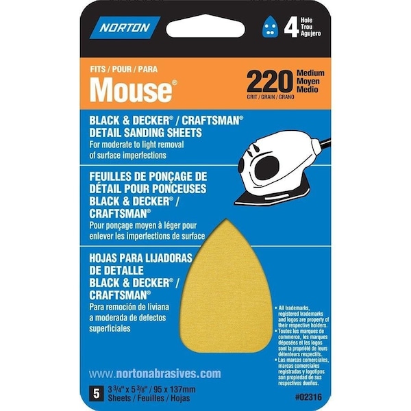 Norton Co DETAIL/PROFILE For Black & Decker/Craftsman Mouse Sander, 3in. x7in. Irn Shpe Shts, Fine, GRIT: 180 - 076607-02315