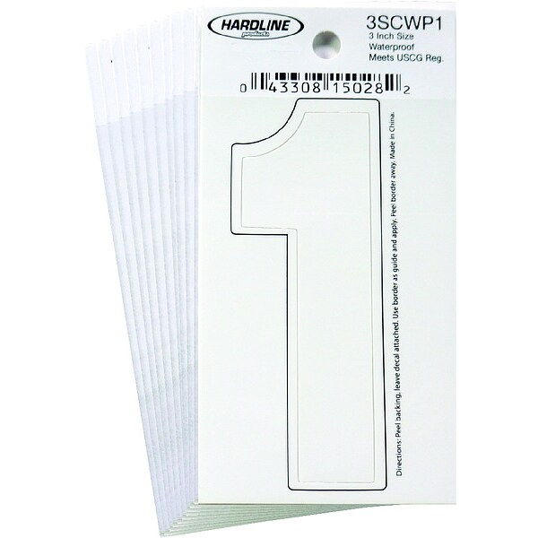 Hardline Products Number 1 Decal, 3" White Vinyl, PK10 - 3SCWP1