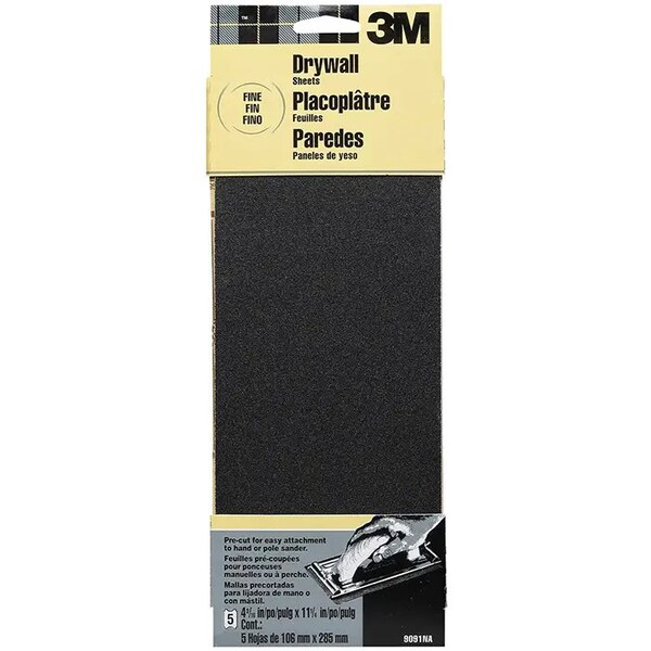 3M 4-3/16" x 11" Drywall Adhesives Drywall Sanding Sheet, Fine, PK 5 - 9091