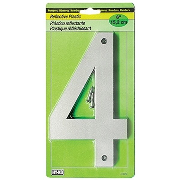 Hy-Ko 30800 Series Reflective Sign, Character 4, 6 in H Character, BlackSilver Character, Plastic - 30804