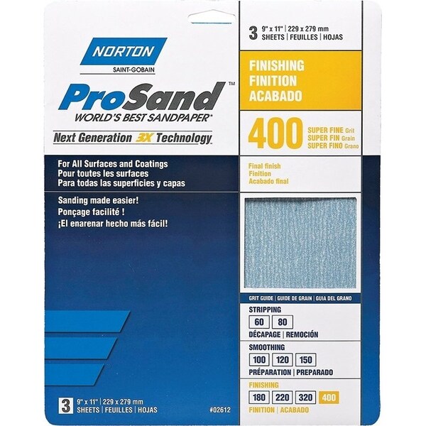 Norton Co ProSand 07660768156 Sanding Sheet, 11 in L, 9 in W, Super Fine, 400 Grit, Aluminum Oxide Abrasive - 2612