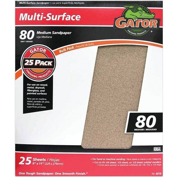 Gator Sanding Sheet, 11 in L, 9 in W, 80 Grit, Medium, Aluminum Oxide Abrasive - 3265