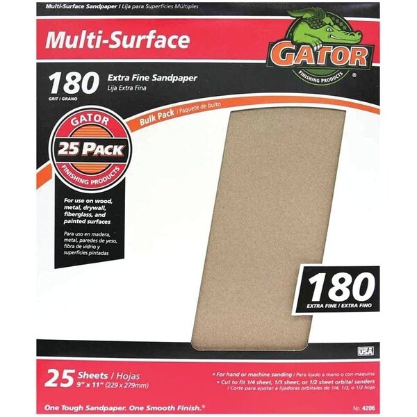 Gator 3261 Sanding Sheet, 11 in L, 9 in W, 180 Grit, Extra Fine, Aluminum Oxide Abrasive - 4206