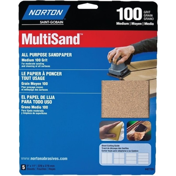 Norton Co MultiSand 076607 Abrasive Sheet, 11 in L, 9 in W, Medium, P100 Grit, Aluminum Oxide Abrasive - 47735