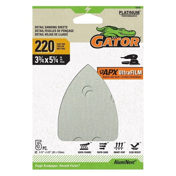 Gator Mouse Sander Abrasive Sheet, 5-1/4 in L, 3-3/4 in W, Very Fine, 220 Grit, Aluminum Oxide Abrasive - 5174
