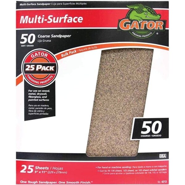 Gator 3267 Sanding Sheet, 11 in L, 9 in W, 50 Grit, Coarse, Aluminum Oxide Abrasive - 4212
