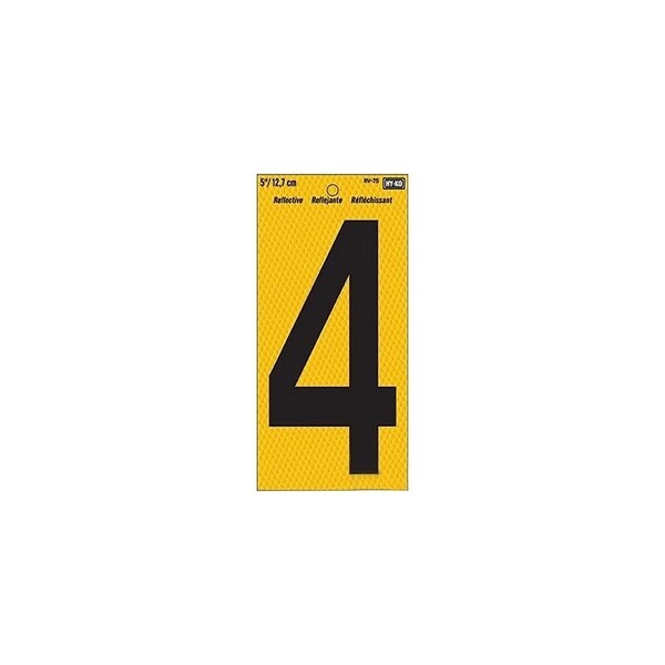 Hy-Ko Reflective Sign, Character: 4, 5 in H Character, Black Character, Yellow Background, Vinyl - RV-75/4