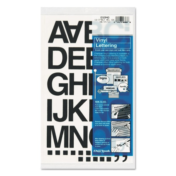 Chartpak Press-On Vinyl Self-Adhesive Numbers and Uppercase Letters, 1.5in Tall, Black Characters, 37 Pieces - CHA01040