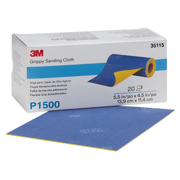 3M Grippy Sanding Cloth, P1500 Grade, 5.5 in x 4.5 in, 20 Sheets/Roll, 4PK - 35115