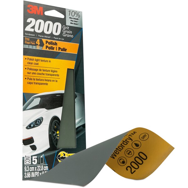 3M Wetordry Sandpaper 03003, 3-2/3 in x 9 in, 2000 Grit, 5/Pack, 20PK - 3003