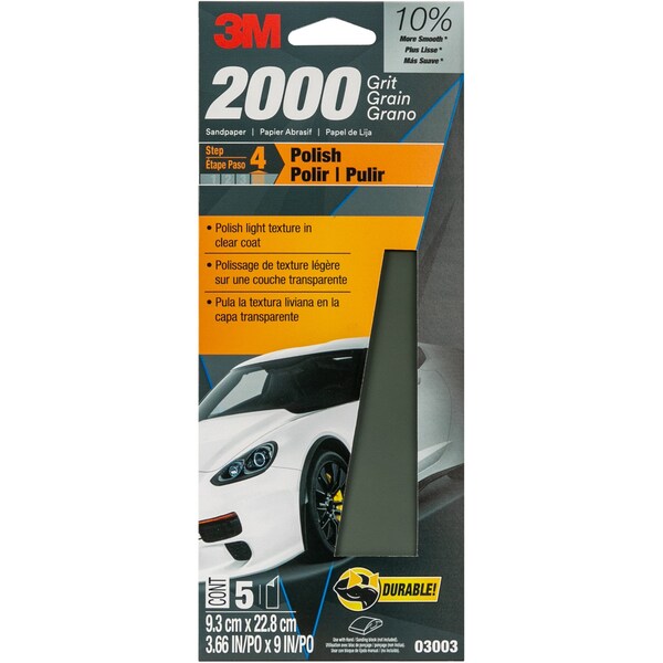 3M Wetordry Sandpaper 03003, 3-2/3 in x 9 in, 2000 Grit, 5/Pack, 20PK - 3003