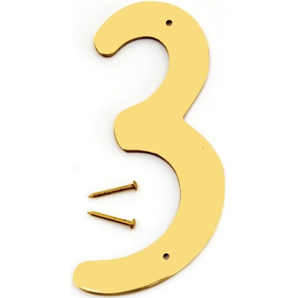 Hy-Ko House Number, Character: 3, 4 in H Character, 2-1/2 in W Character, Brass Character, Brass - BR-40/3