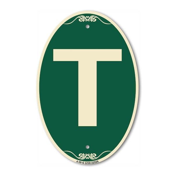 Signmission Letter T, 12 Inch X 18 Inch Architectural Oval, Heavy Gauge Aluminum - A-OV-G-1218-22926