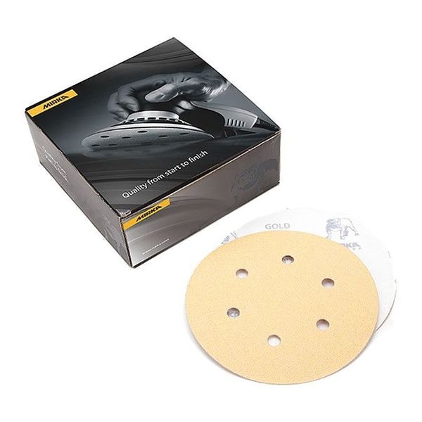 Mirka Grip Disc, 5", P150, PK50, 5" Dia, No Hole, Aluminum Oxide, P150 Grit, Semi Open Coat Type, Gold - 23-612-150