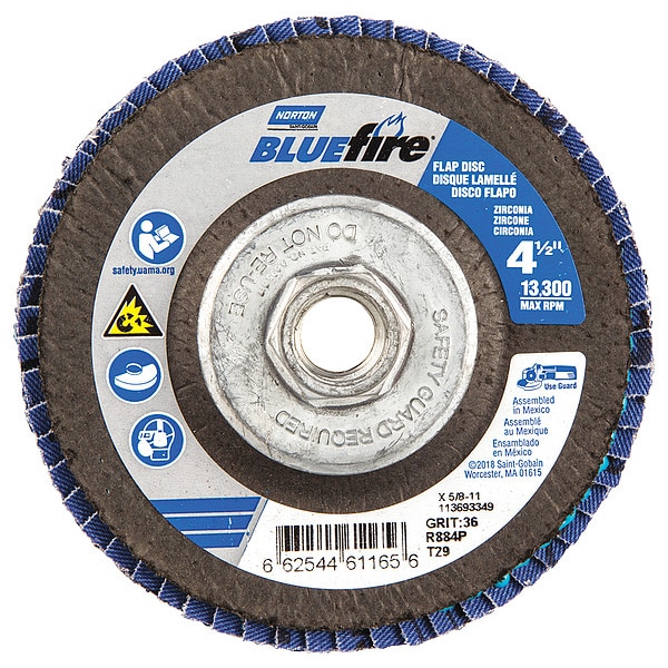 Norton Abrasives Flap Disc, 4 1/2 In x 36 Grit, 5/8-11 - 66254461165
