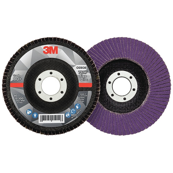3M 3M Flap Disc, 4 1/2 in Dia, 7/8 in Connector Size, Ceramic, Type 29, 80 Grit, Fiberglass Bk, 769F - 7100178028