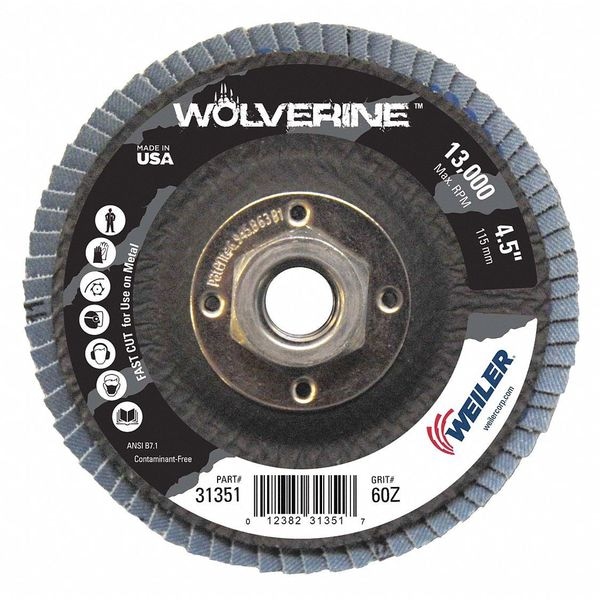 Weiler 4-1/2" Abrasive Flap Disc Conical Phenolic Bkng 60Z 5/8"-11 UNC Nut - 31351