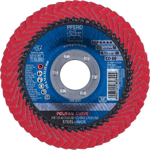 Pferd 4-1/2" x 7/8" A.H. POLIFAN Flap Disc - CO SGP CURVE STEELOX, Ceramic oxide, 60 Grit, Medium Radius - 67234