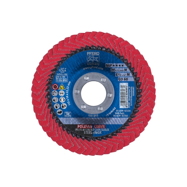Pferd 4-1/2" x 7/8" A.H. POLIFAN Flap Disc - CO SGP CURVE STEELOX, Ceramic oxide, 60 Grit, Medium Radius - 67234