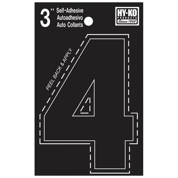 Hy-Ko 30400 Series Die-Cut Number, Character: 4, 3 in H Character, Black Character, Vinyl - 30404