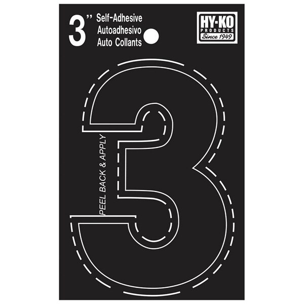 Hy-Ko 30400 Series Die-Cut Number, Character: 3, 3 in H Character, Black Character, Vinyl - 30403