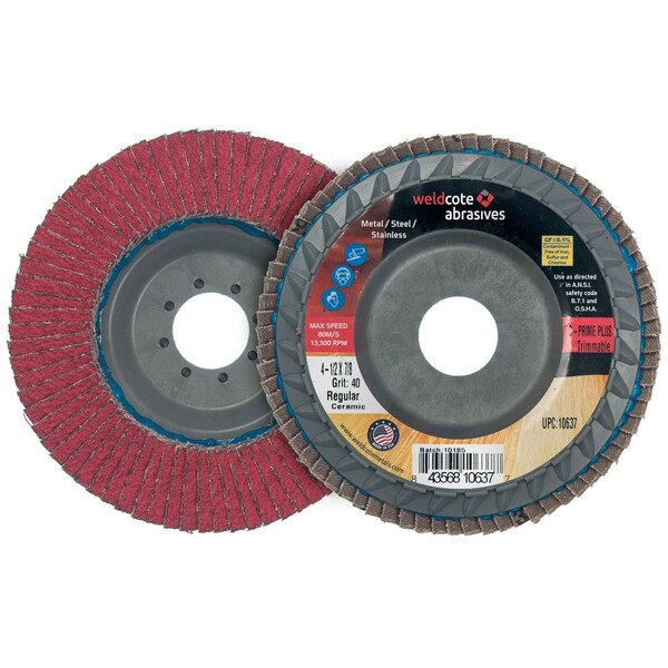 C-Prime Plus Ceramic Premium Trimmable Flap Discs, 4-1/2in x 7/8, Grit 60, 10PK - 10638